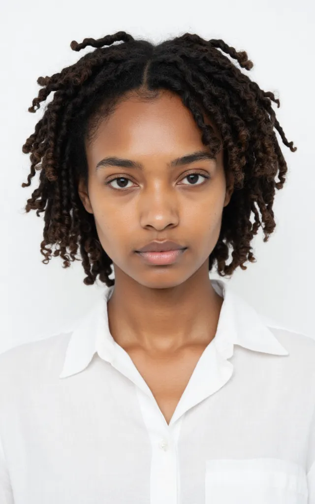 A French female model with Ringlets, wearing a shirt, against a white background, in a front   facing bust portrait